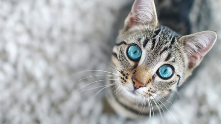 Adorable cat looking up with bright eyes as it sits on a fluffy rugの素材
