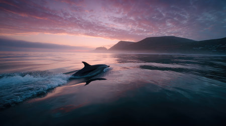A dolphin's dorsal fin slices through calm ocean waters during a serene sunriseの素材