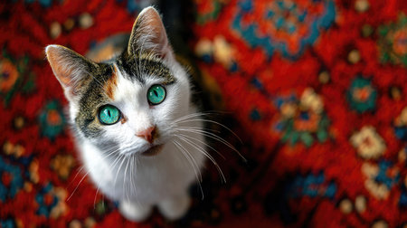 Adorable cat looking up with bright eyes as it sits on a fluffy rugの素材