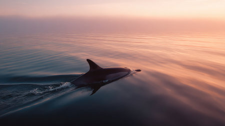 A dolphin's dorsal fin slices through calm ocean waters during a serene sunriseの素材