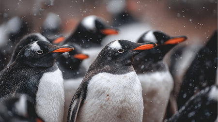 A huddle of penguins keeping warm together as snow gently falls around themの素材
