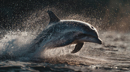 A dolphin leaping out of the water with sparkling droplets trailing its movementの素材