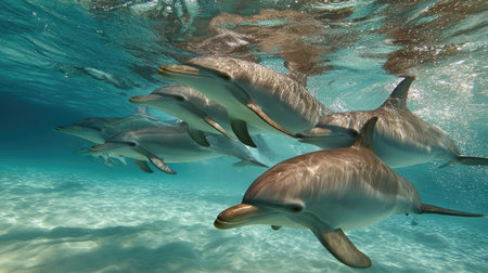 A pod of dolphins swims together in unison through crystal-clear turquoise watersの素材