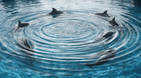 A pod of dolphins forming ripples as they swim in a circular patternの素材