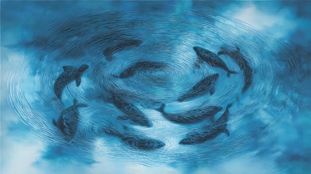 A pod of dolphins forming ripples as they swim in a circular patternの素材