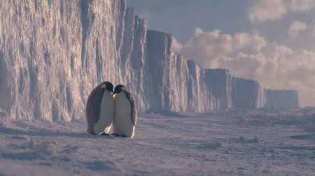 A pair of penguins preening each other against a backdrop of frozen cliffsの素材