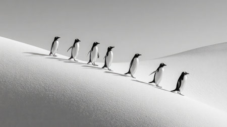 A line of penguins walking single file across the snow-covered landscapeの素材