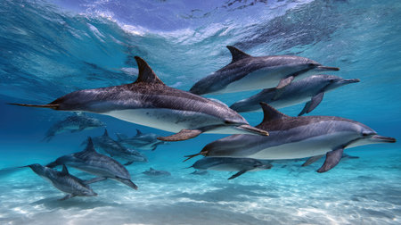 A pod of dolphins swims together in unison through crystal-clear turquoise watersの素材