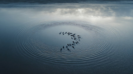 A pod of dolphins forming ripples as they swim in a circular patternの素材
