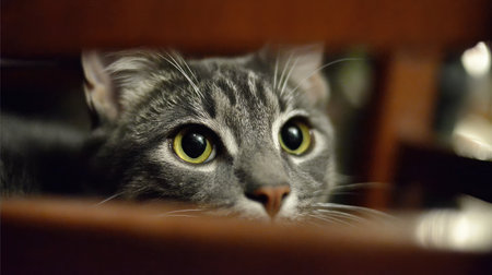 Cat peeking through the slats of a chair with curious glowing eyesの素材