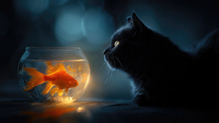 Cat gazing at goldfish in a bowl, with curiosity and gentle lighting from aboveの素材