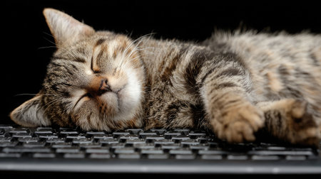 Cat lying on a keyboard, stretching out lazily in front of a screenの素材