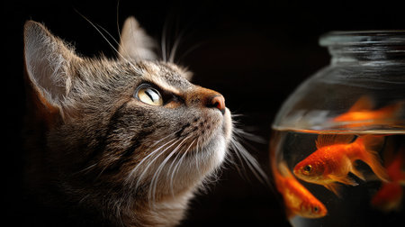 Cat gazing at goldfish in a bowl, with curiosity and gentle lighting from aboveの素材