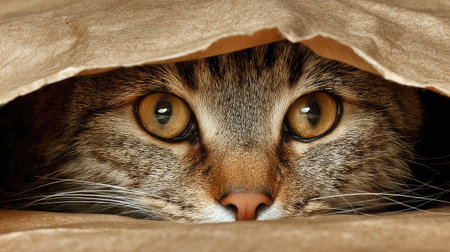 Cat hiding in a paper bag with only its eyes and ears visibleの素材