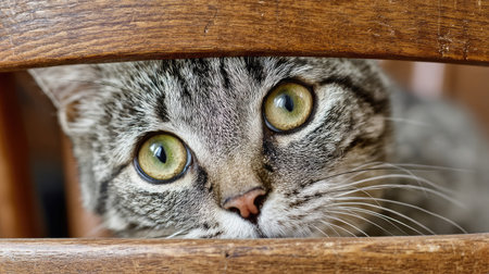 Cat peeking through the slats of a chair with curious glowing eyesの素材