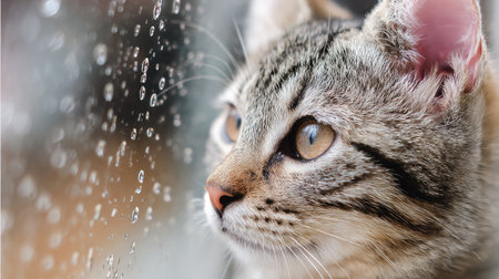 Cat sitting in front of a window during rain, with droplets on the glass and soft lightingの素材