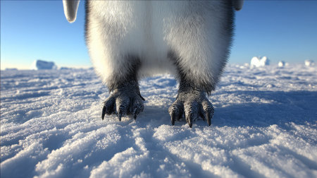 Close-up of penguin feet standing on thick ice with visible frost patterns aroundの素材