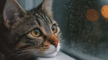 Cat looking out a window with raindrops, sitting quietly on a windowsillの素材