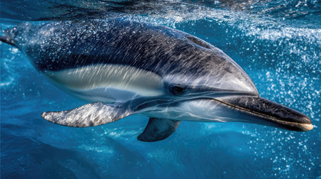 Close-up of a dolphin's smooth skin glistening under sunlight as it glides near the ocean surfaceの素材