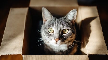 Cat sitting inside a cardboard box with a mischievous look, surrounded by soft shadowsの素材