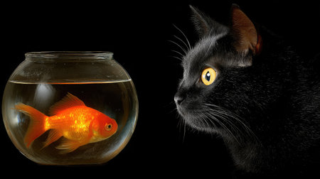 Cat gazing at goldfish in a bowl, with curiosity and gentle lighting from aboveの素材