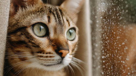 Cat sitting in front of a window during rain, with droplets on the glass and soft lightingの素材