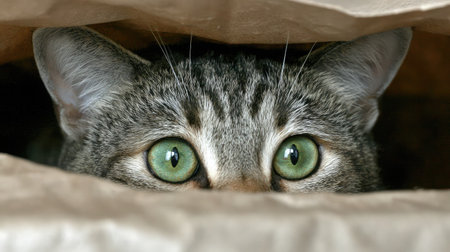 Cat hiding in a paper bag with only its eyes and ears visibleの素材