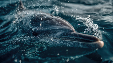 Close-up of dolphin snout creating gentle ripples in the oceanの素材