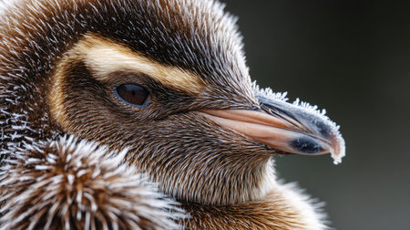 Close-up of a penguin's feathers covered in frost, highlighting the texture and detailの素材