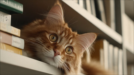 Cat perched on top of a bookshelf looking down with curious eyesの素材