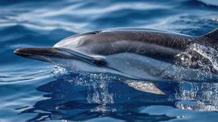 Close-up of a dolphin's smooth skin glistening under sunlight as it glides near the ocean surfaceの素材