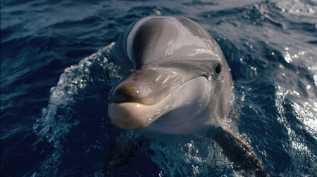 Close-up of dolphin snout creating gentle ripples in the oceanの素材