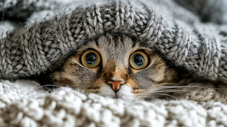 Cat with wide eyes peeking out from under a cozy knit blanket on a bedの素材