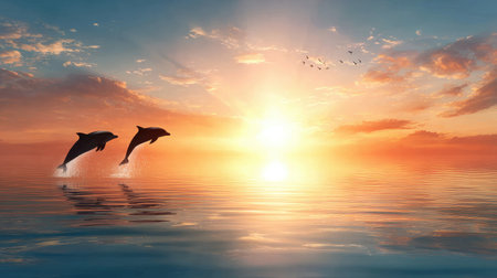 Clear horizon with silhouettes of dolphins arcing in mid-air under vibrant skyの素材