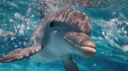 Close-up of a dolphin's smooth skin glistening under sunlight as it glides near the ocean surfaceの素材