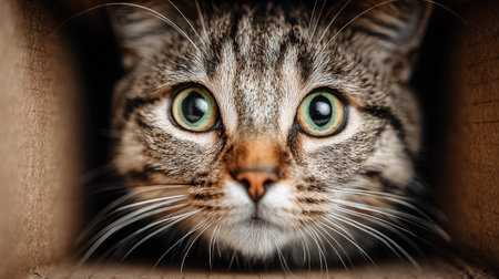 Cat sitting inside a cardboard box with a mischievous look, surrounded by soft shadowsの素材