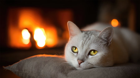 Cat resting on a plush pillow in front of a fireplace with soft glowの素材