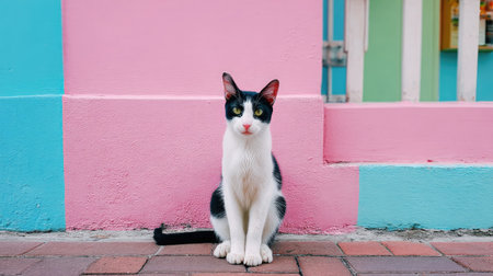 Cat sitting upright with alert ears in front of a pastel-colored wall and soft backgroundの素材