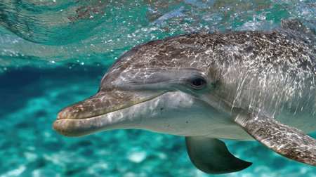 Close-up of a dolphin's smooth skin glistening under sunlight as it glides near the ocean surfaceの素材