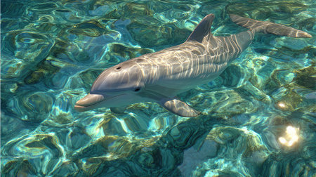 Crystal clear waters showing a dolphin's full body just beneath the surfaceの素材