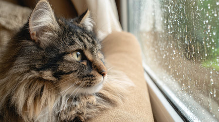 Cat looking out a window with raindrops, sitting quietly on a windowsillの素材