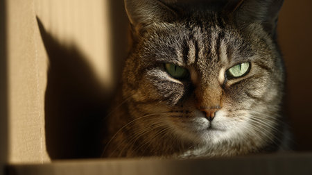 Cat sitting inside a cardboard box with a mischievous look, surrounded by soft shadowsの素材
