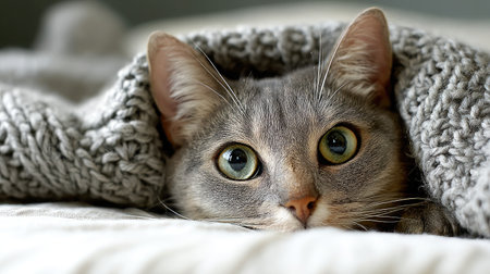 Cat with wide eyes peeking out from under a cozy knit blanket on a bedの素材
