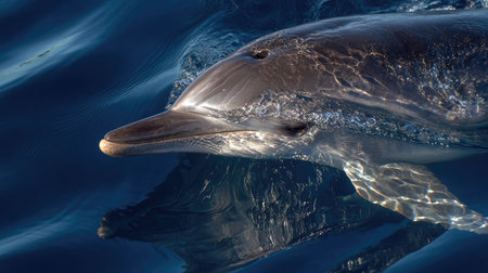 Close-up of dolphin snout creating gentle ripples in the oceanの素材