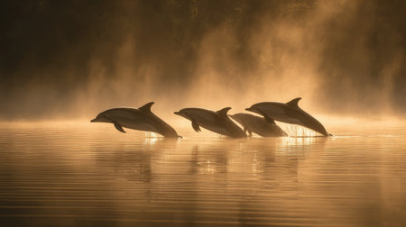 Dolphins appearing above the water's surface surrounded by morning mistの素材