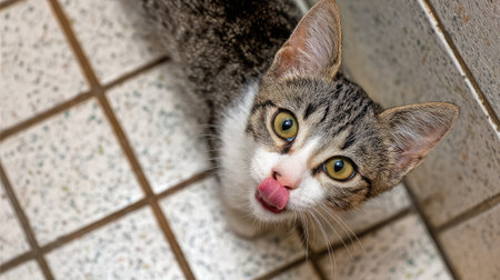 Cute cat with tongue out mid-lick in a candid moment on a tiled kitchen floorの素材