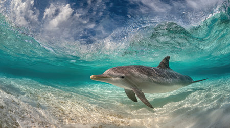 Crystal clear waters showing a dolphin's full body just beneath the surfaceの素材
