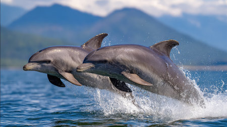 Dolphins jumping above the surface with splashes of water frozen mid-airの素材