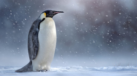 Emperor penguin standing tall on icy terrain with soft snowflakes falling gently in the backgroundの素材