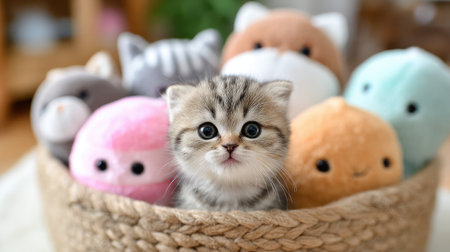 Cute kitten sitting in a basket of plush toys, blending in adorablyの素材